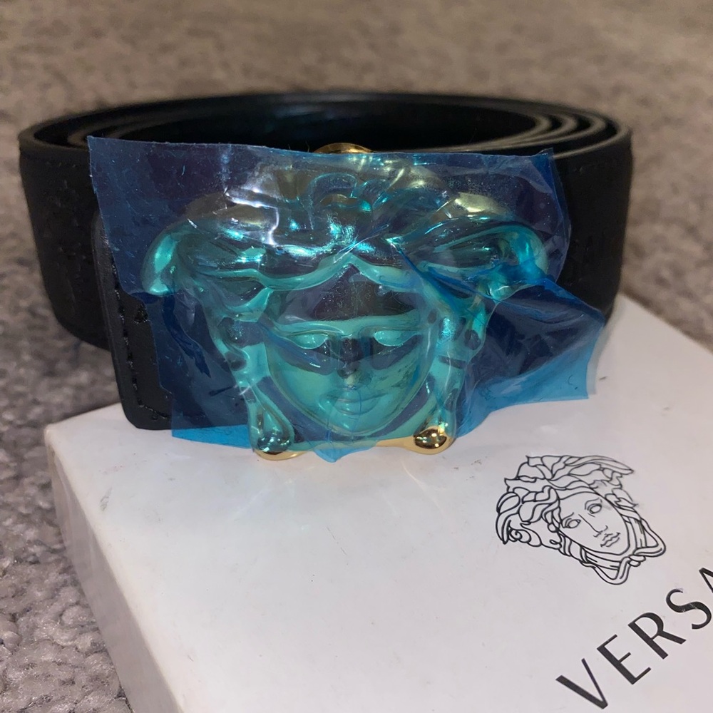 Versace Black Belt with Gold Medusa Emblem